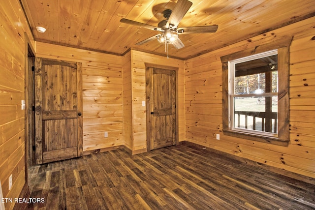 interior space with dark wood-type flooring, ceiling fan, wooden ceiling, and wooden walls