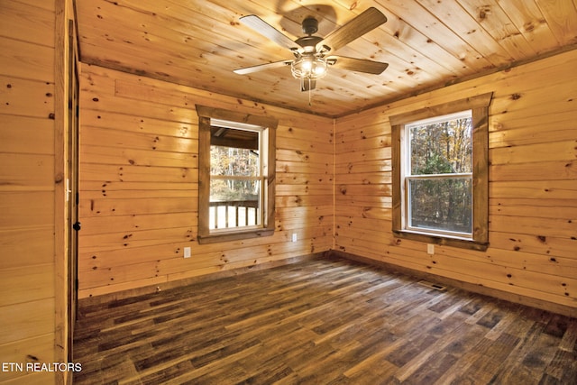 unfurnished room featuring dark hardwood / wood-style floors, a healthy amount of sunlight, wooden walls, and ceiling fan