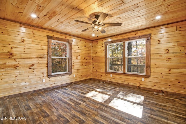 unfurnished room with wood ceiling, wooden walls, dark wood-type flooring, and ceiling fan