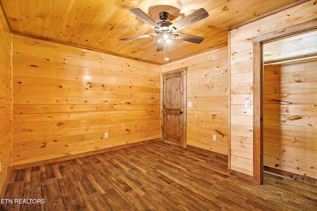 unfurnished bedroom with a closet, ceiling fan, wooden walls, and dark hardwood / wood-style floors