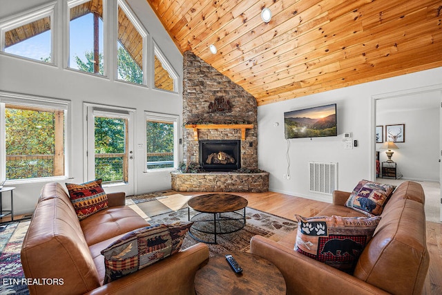 living room featuring wood ceiling, a fireplace, high vaulted ceiling, and hardwood / wood-style floors