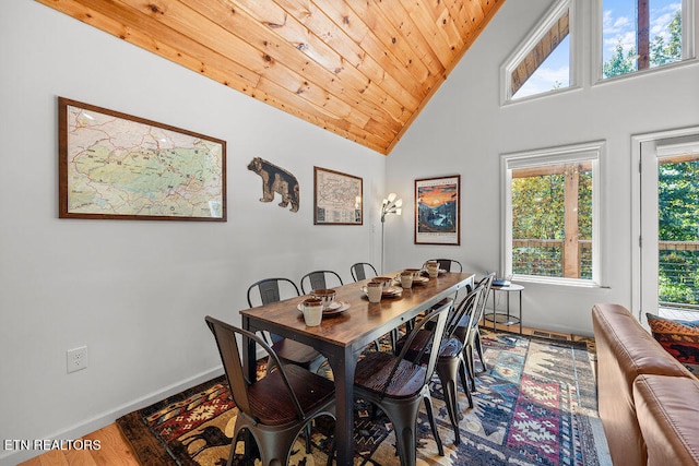 dining room featuring hardwood / wood-style floors, wood ceiling, and high vaulted ceiling