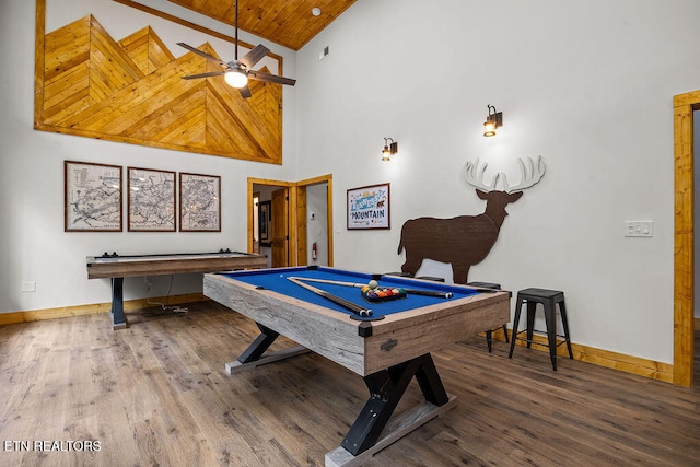 game room with ceiling fan, hardwood / wood-style flooring, high vaulted ceiling, wooden ceiling, and pool table