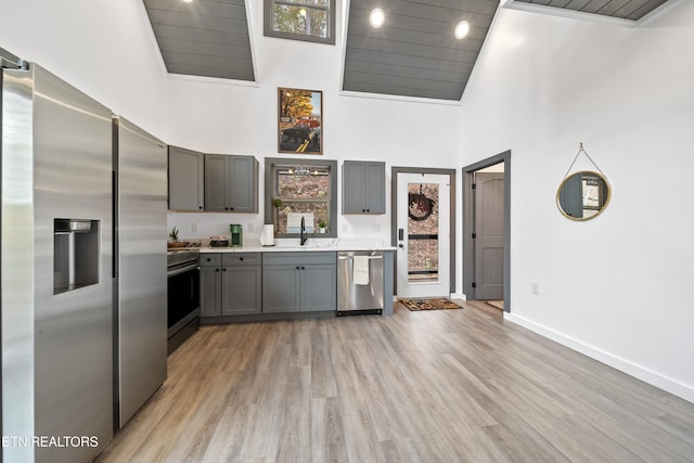 kitchen with a high ceiling, gray cabinetry, appliances with stainless steel finishes, and plenty of natural light