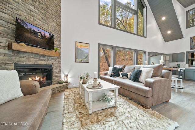 living room with a stone fireplace, high vaulted ceiling, and light wood-type flooring