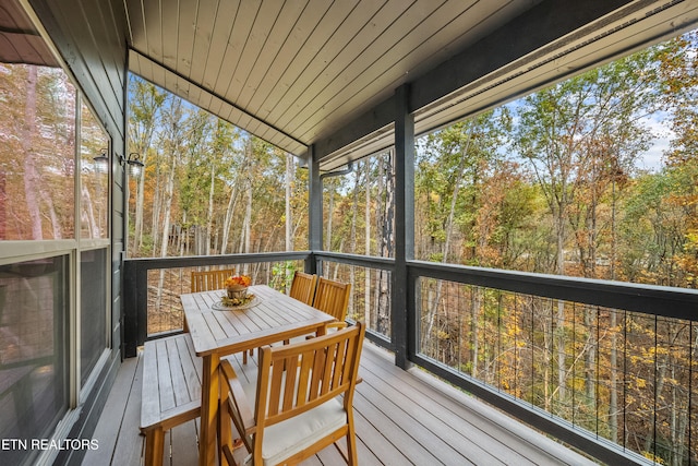 sunroom with vaulted ceiling and wooden ceiling