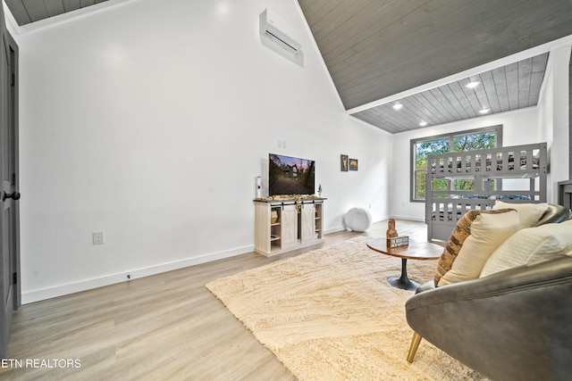 living room featuring wooden ceiling, high vaulted ceiling, and hardwood / wood-style floors