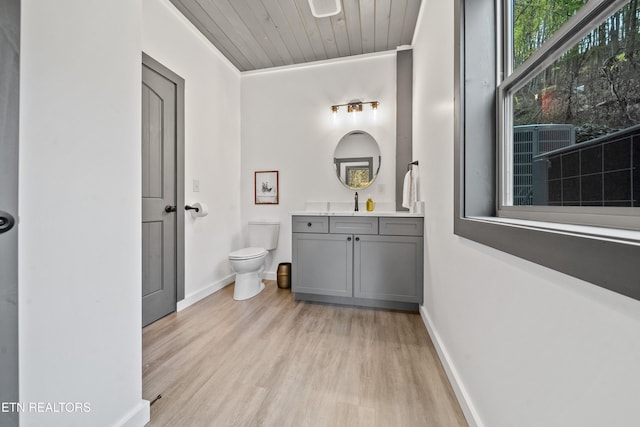 bathroom featuring ornamental molding, vanity, wood ceiling, hardwood / wood-style floors, and toilet