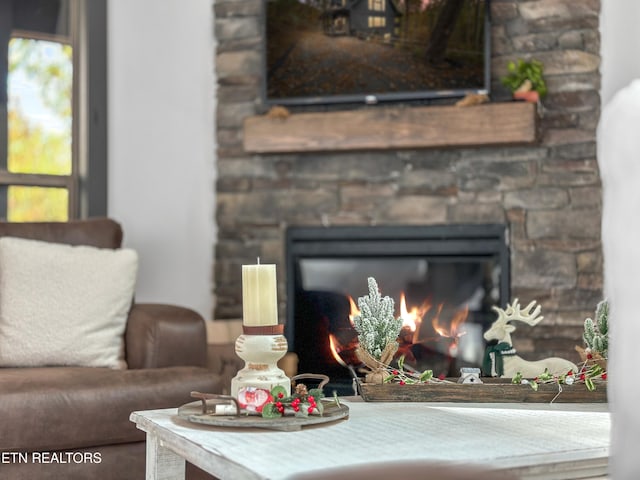 living room featuring a fireplace