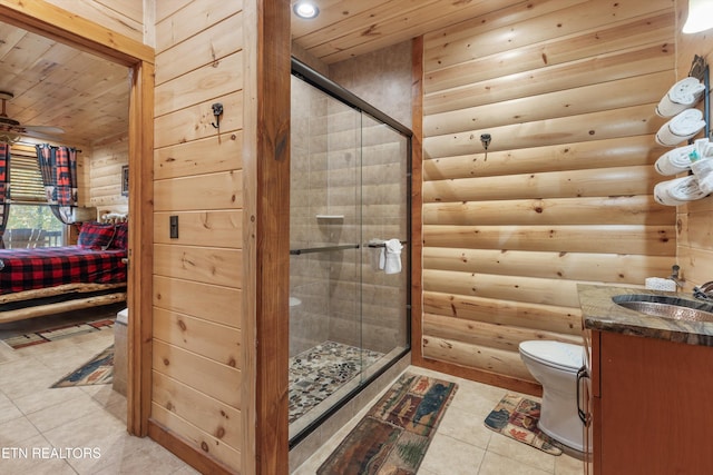 bathroom with tile patterned floors, vanity, wood ceiling, and a shower with door