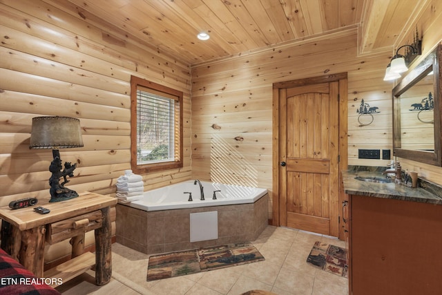 bathroom with wood walls, tile patterned flooring, vanity, wood ceiling, and a washtub