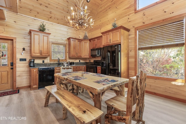 kitchen featuring black appliances, decorative light fixtures, and a healthy amount of sunlight