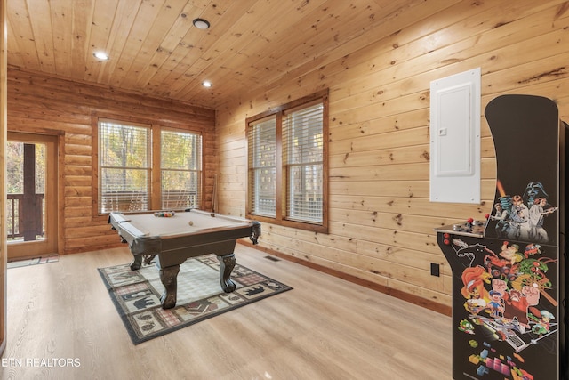 recreation room featuring light wood-type flooring, wood ceiling, a healthy amount of sunlight, and billiards