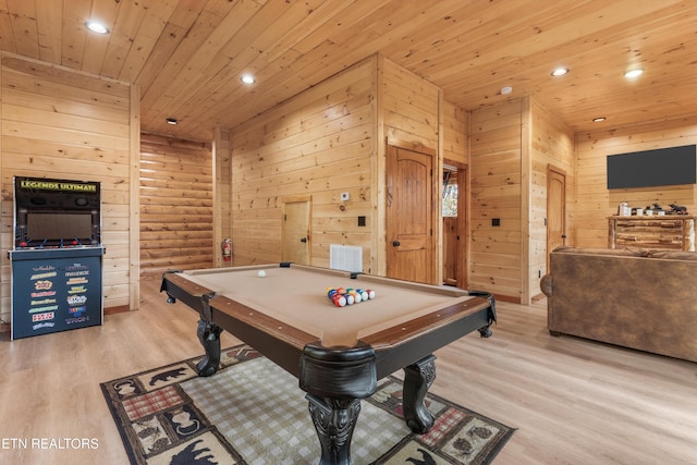 game room featuring wood ceiling, wooden walls, billiards, and light hardwood / wood-style flooring