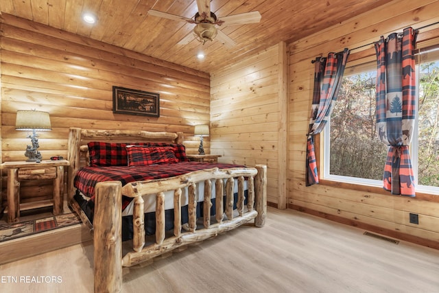 bedroom with wood ceiling, hardwood / wood-style floors, ceiling fan, and log walls