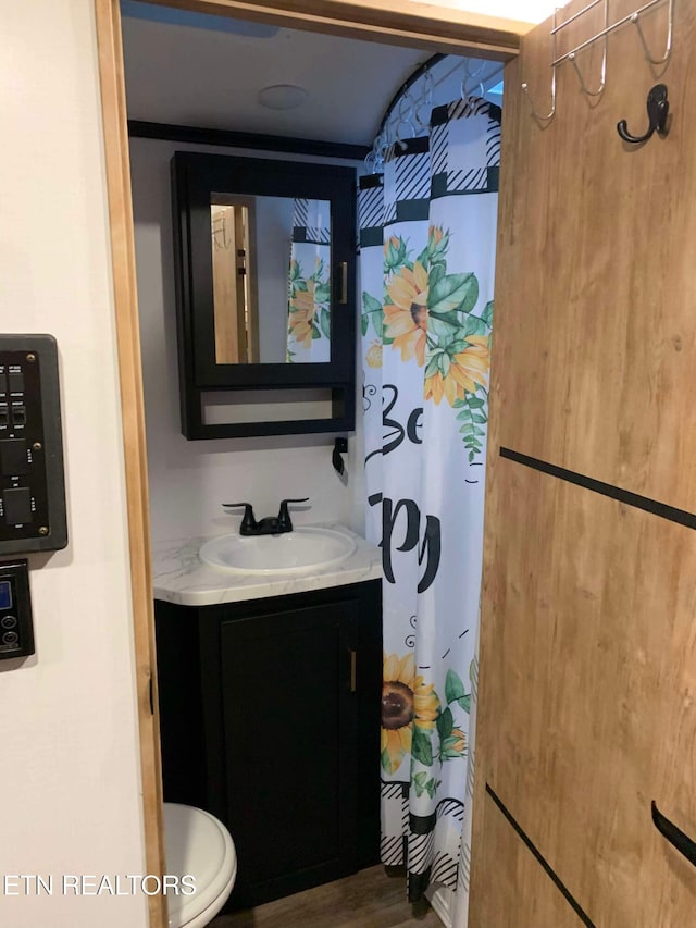 bathroom featuring vanity, toilet, wood-type flooring, and walk in shower