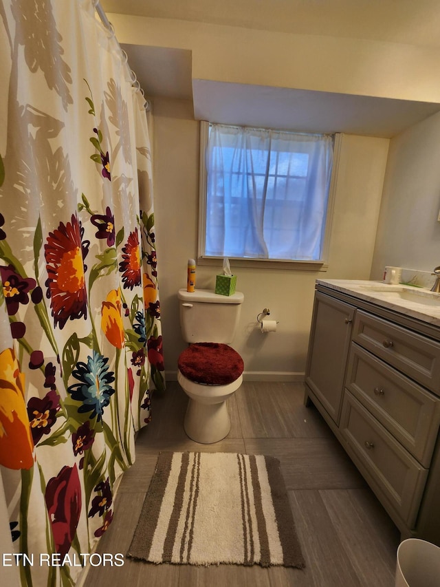 bathroom featuring vanity, wood-type flooring, and toilet