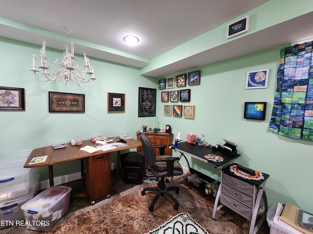 office space featuring an inviting chandelier