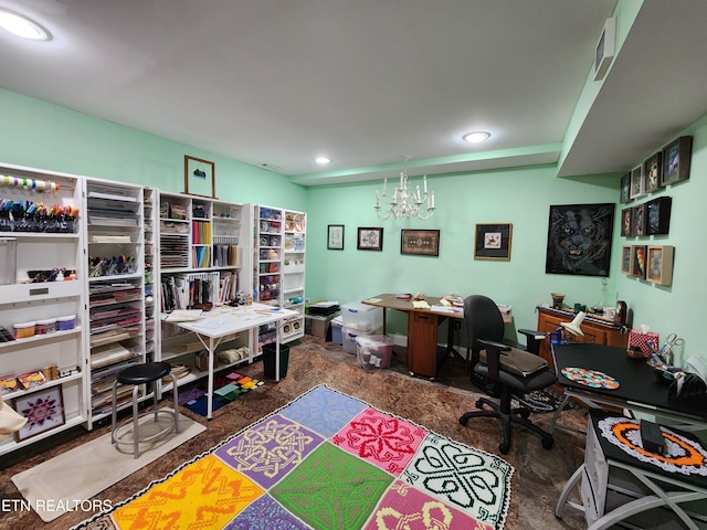 office with a chandelier