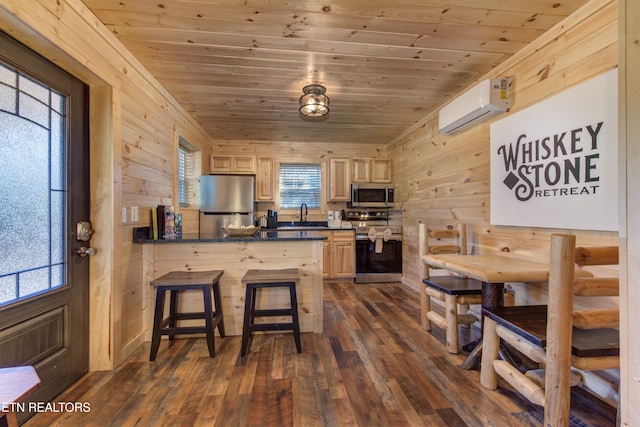 kitchen featuring wood ceiling, stainless steel appliances, dark wood-type flooring, an AC wall unit, and wood walls