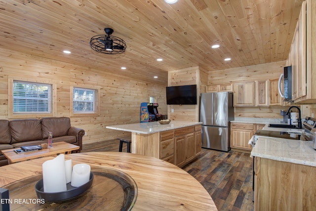 kitchen with appliances with stainless steel finishes, light stone counters, sink, a center island, and dark hardwood / wood-style floors