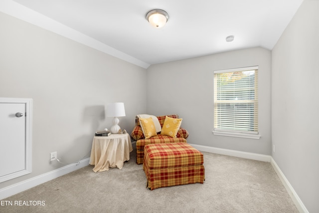 sitting room with carpet and vaulted ceiling