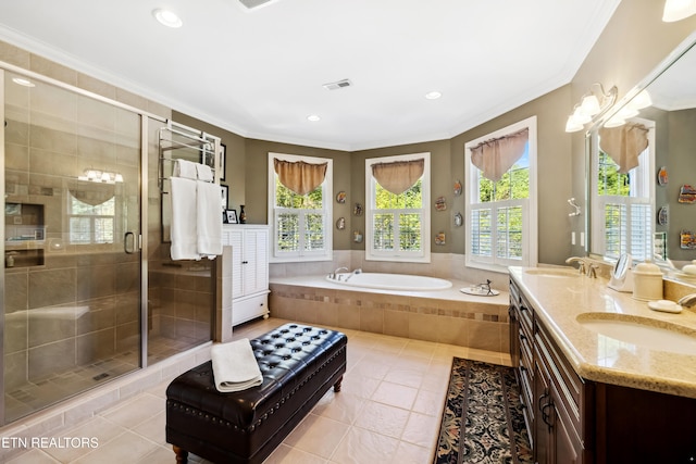 bathroom featuring vanity, crown molding, tile patterned floors, and shower with separate bathtub