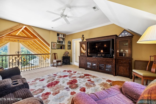 carpeted living room featuring vaulted ceiling and ceiling fan