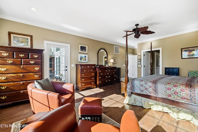 bedroom with access to outside, ceiling fan, ornamental molding, and light hardwood / wood-style flooring