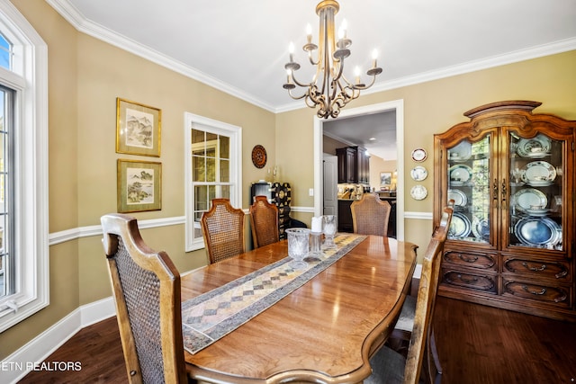 dining room featuring ornamental molding, an inviting chandelier, and dark hardwood / wood-style flooring