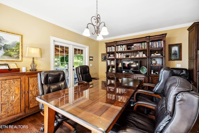 office area featuring dark wood-type flooring, crown molding, a chandelier, and french doors