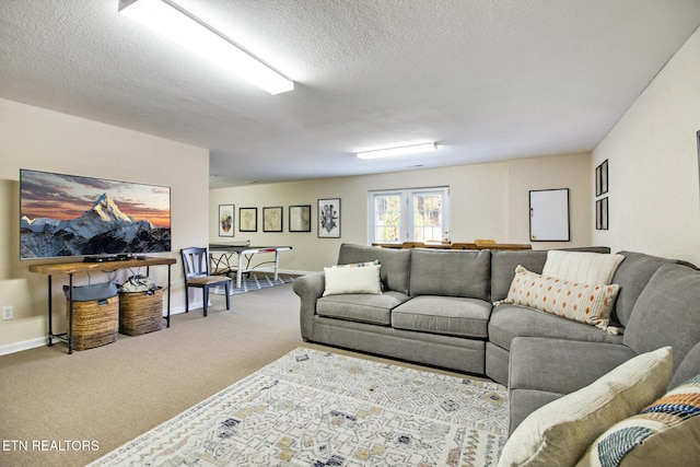 carpeted living room with a textured ceiling