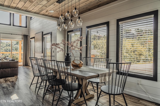 dining room with wood walls, wooden ceiling, and dark hardwood / wood-style flooring