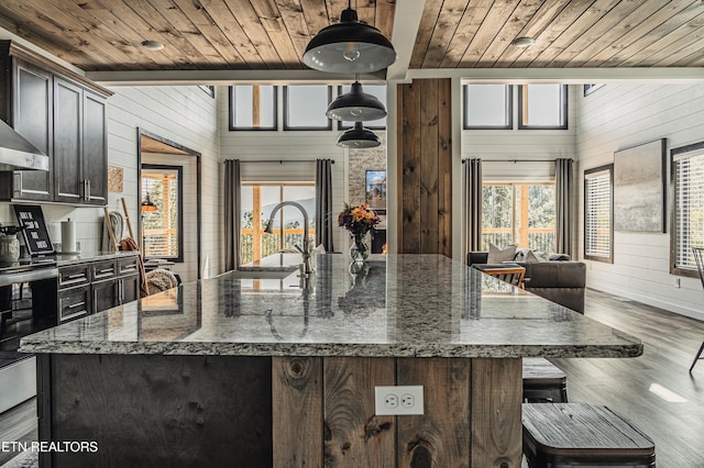 kitchen featuring wood walls, wood-type flooring, dark stone counters, and a center island with sink