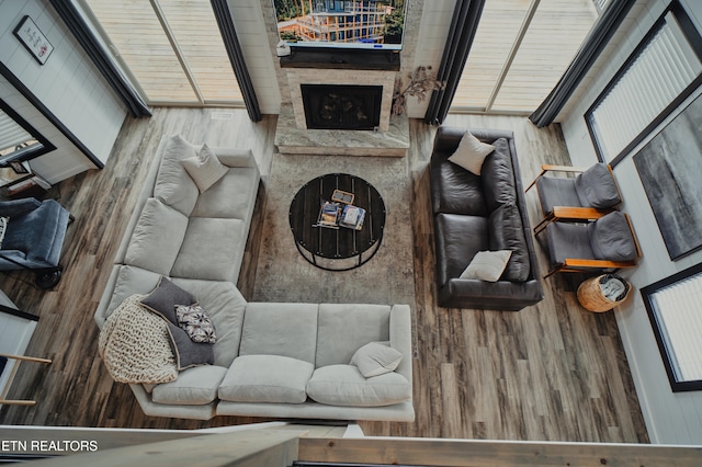 living room featuring hardwood / wood-style flooring and a fireplace