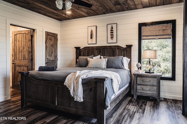 bedroom with ceiling fan, wooden walls, wooden ceiling, and dark hardwood / wood-style flooring