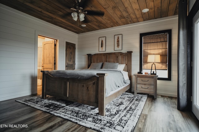 bedroom with wood walls, wood ceiling, dark hardwood / wood-style floors, and ceiling fan