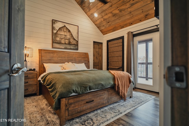 bedroom featuring lofted ceiling, access to outside, wooden walls, wood-type flooring, and wooden ceiling