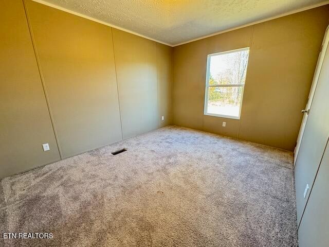 unfurnished room featuring a textured ceiling and carpet