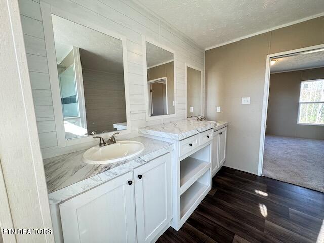 bathroom featuring vanity, hardwood / wood-style floors, crown molding, and a textured ceiling