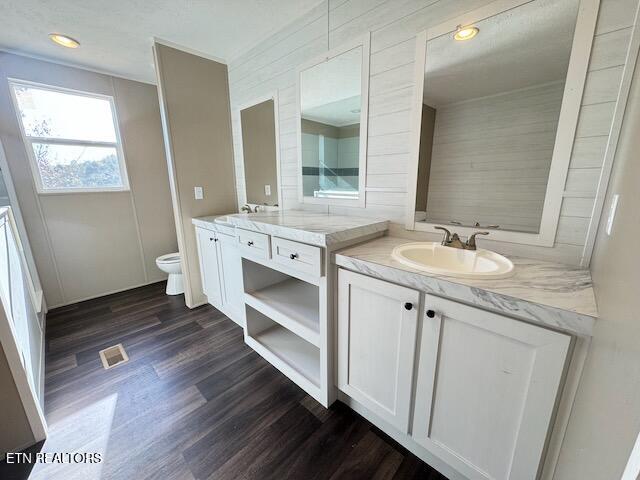 bathroom featuring vanity, wood-type flooring, and toilet