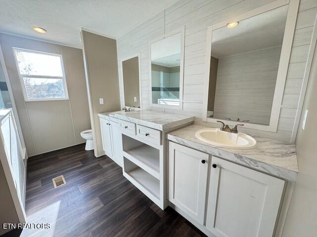 bathroom featuring toilet, hardwood / wood-style floors, and vanity