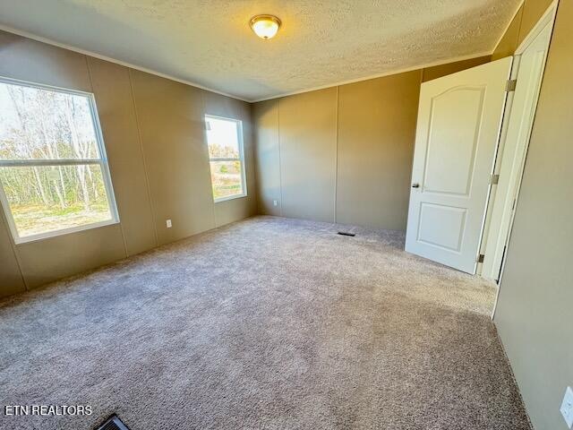 empty room featuring a textured ceiling and light colored carpet