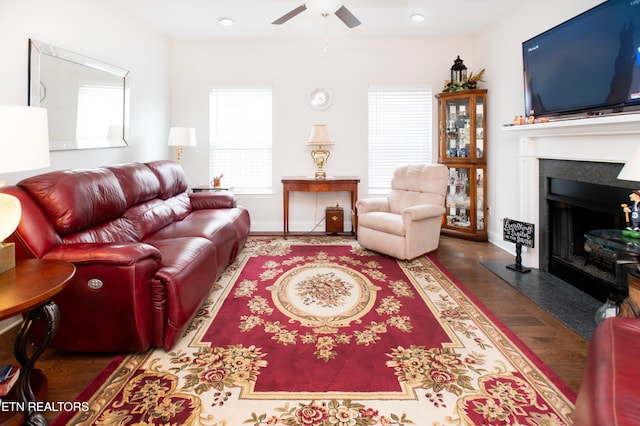 living room featuring ceiling fan and wood-type flooring