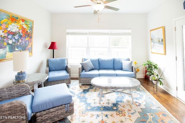 living room with ceiling fan and hardwood / wood-style flooring