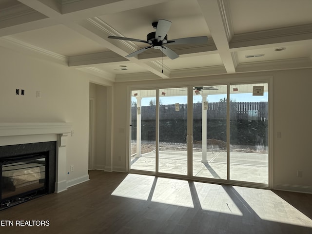 unfurnished living room with a glass covered fireplace, beamed ceiling, coffered ceiling, and wood finished floors