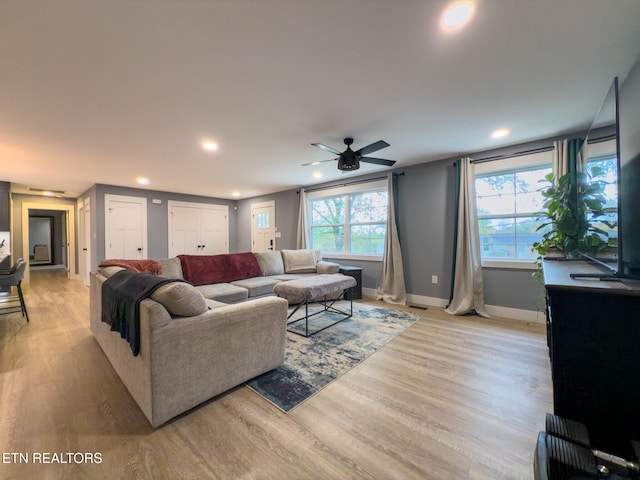 living room with ceiling fan and light hardwood / wood-style floors