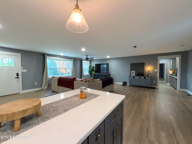 kitchen with hardwood / wood-style floors, decorative light fixtures, and ceiling fan