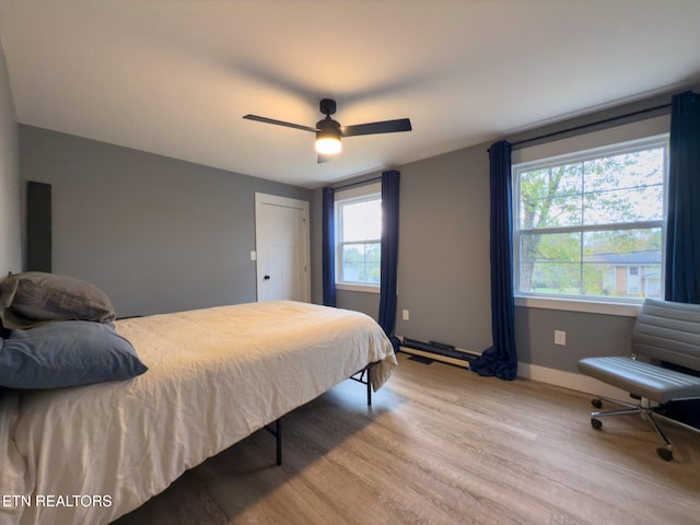 bedroom featuring ceiling fan and light wood-type flooring