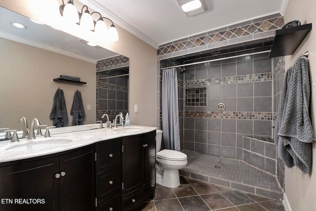 bathroom featuring ornamental molding, walk in shower, vanity, tile patterned flooring, and toilet